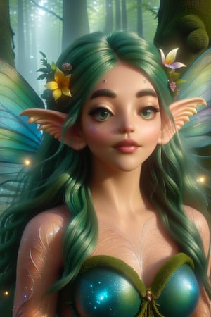 In a lush, verdant forest, a whimsical fairy stands amidst a tapestry of vibrant flora, her delicate features aglow in soft, ethereal light. Her big, beautiful eyes sparkle like gemstones, while her green hair flows like a river of emeralds, adorned with intricately woven flowers that seem to dance in the gentle breeze. The fairy's petite nose and plump cheeks give way to a mischievous grin, as if she's privy to a secret only the forest can share. Boris Vallejo-inspired fantasy art comes alive in this high-definition CGI masterpiece, showcasing the enchanting beauty of nature with meticulous attention to detail.,fairytale,tpgrtfiry,Fairy,DonMF41ryW1ng5XL