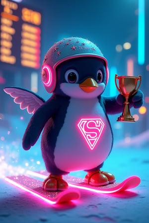 A cinematic-style medium shot of a futuristic, stylized penguin called "Win Penguin". The penguin is wearing a helmet adorned with neon lights and is riding on a pair of neon snowboards. There is a glowing trail behind the penguin. The penguin has a glowing "S" symbol on its chest. The background contains a tournament leaderboard. The penguin holds the neuro-winner's cup with his wings. The overall artwork combines elements of illustration, cinematic design, and photography, creating a bold and vibrant portrait.