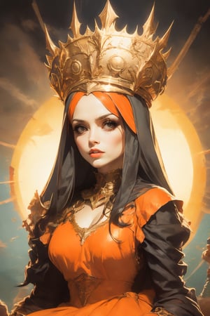 nodf_lora, a woman in a polka dot dress holding a card, soviet propaganda poster style, orange backgorund,  diadem on the head,  punk hairstyle,  hdrp,
