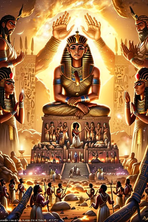 Ancient Egyptian Style, masterpiece, best quality, Her husband Yahhotep dies in the struggle, but even this terrible grief cannot break her. The queen entrusts command of the troops to her eldest son. Kames will become pharaoh in place of his dead father. Together with him, Yakhhotep wins victory after victory, despite the betrayal of yesterday's subjects, friends, and loved ones. But the invaders are still confident in their invincibility. Although, perhaps, their serenity is just a trick, and they are preparing a trap for Yahhotep, beautiful, aesthetically pleasing, harmonious, CGI, 1024K,style,concept,fantasy,wallpaper