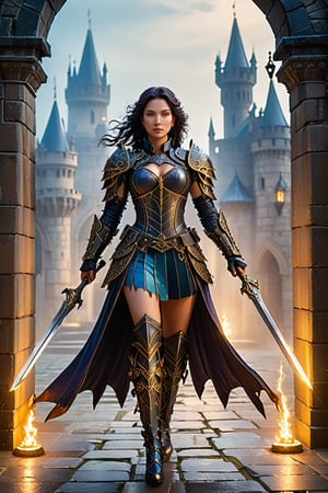 Within a dimly lit, misty courtyard of a foreboding Gothic castle, a young lady warrior emerges from the shadows. Her raven tresses flow like a waterfall down her back, as she dons futuristic armor adorned with metallic scales and supple leather straps. The warm glow of torches casts long shadows across the stone flags, while the dark silhouette of the castle looms behind. In this 3D render, Rococo-inspired curves and ornate details dance across the warrior's suit, blending medieval mystique with modern ingenuity.,portrait art style,portraitart