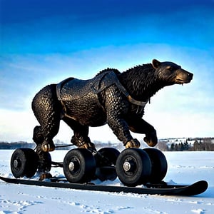 A majestic chariot, forged from bronze and silver, emerges on the icy landscape. The intricate patterns on its armor-like plating evoke the mystical night visitor's attire. Four imposing iron-encased wheels glide effortlessly on polished ebony skis. Four massive, elongated creatures, a polar bear variant from John Ducker's world, are harnessed to the chariot. Their larger bodies and longer legs propel them forward in a skipping gait as they drag the chariot across the frozen expanse.
