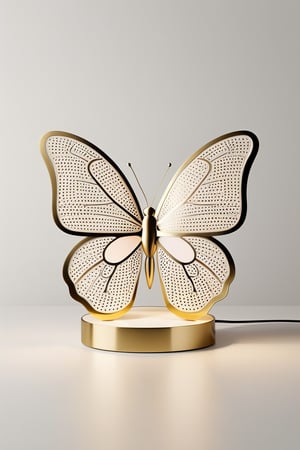 Render the iconic butterfly-shaped product in 3D, inspired by the minimalist elegance of Yves Saint Laurent's Peasant style and the functional simplicity of Dieter Rams' design philosophy. The metal body features a light golden chrome finish with intricate white acrylic details. Set against a clean, neutral background, the product is illuminated by studio lighting that accentuates its curves and textures.