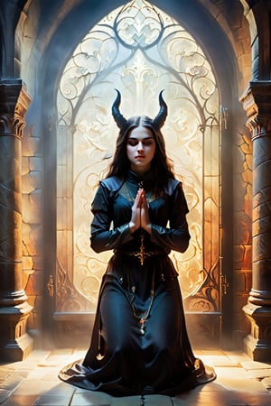 A captivating conceptual illustration of a young woman in monastic attire, kneeling in a devout prayer pose with her hands folded, set against the backdrop of a dimly lit room in a gothic castle. The room's atmosphere is further enhanced by the presence of a sinister-looking devil lurking in the shadows. This striking image, rendered in the style of Odd Nerdrum, evokes a dark fantasy theme with vibrant colors and intricate details. The composition is reminiscent of a cinematic poster or a fine art painting, showcasing the power of dark fantasy and conceptual art., illustration, conceptual art, wildlife photography, photo, painting, vibrant, poster, dark fantasy, cinematic, 3d render