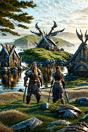 three Viking-style people and armor in front of a Viking village, real life skin, intricate, elegant, highly detailed, artstation, concept art, smooth, sharp focus, art by artgerm and greg rutkowski and alphonse mucha,island,DonMD34thKn1gh7XL,runeblade,death knight