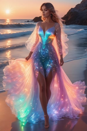 ultra detailed close up illustration of a woman at the seashore after sunset,  she wears a flowy holographic dress made of silk and tulle and very glowy,  bioluminiscent,  fantasy art,  dreamlike,  backlit,  dynamic pose,  