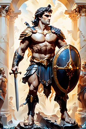 A captivating high-definition photo illustration of the legendary Greek hero Perseus, standing triumphantly with his sword and shield. The warm golden light accentuates his chiseled features and illuminates the surrounding area. In the foreground, a velvety chocolate figure begins to melt beneath his feet, adding a striking contrast to the scene. This spectacular image, styled after the work of Boris Vallejo, transports viewers into a world of mythical grandeur and mystique. The meticulously crafted details, compositional harmony, and dark fantasy theme make it a striking poster, painting, or 3D render that invites further contemplation and admiration., poster, painting, conceptual art, photo, architecture, typography, 3d render, vibrant, dark fantasy, cinematic, illustration