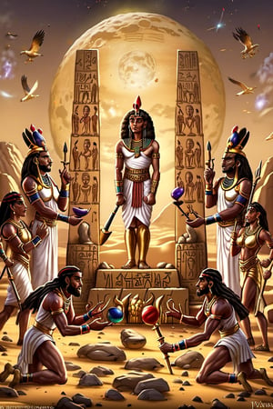 Ancient Egyptian Style, masterpiece, best quality, Her husband Yahhotep dies in the struggle, but even this terrible grief cannot break her. The queen entrusts command of the troops to her eldest son. Kames will become pharaoh in place of his dead father. Together with him, Yakhhotep wins victory after victory, despite the betrayal of yesterday's subjects, friends, and loved ones. But the invaders are still confident in their invincibility. Although, perhaps, their serenity is just a trick, and they are preparing a trap for Yahhotep, beautiful, aesthetically pleasing, harmonious, CGI, 1024K