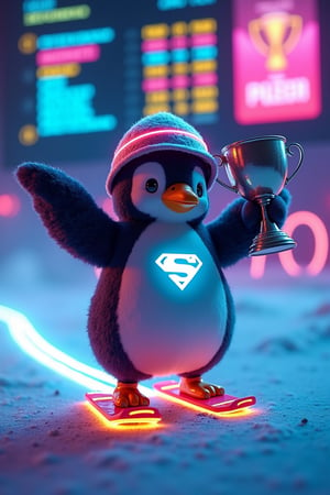 A cinematic-style medium shot of a futuristic, stylized penguin called "Win Penguin". The penguin is wearing a helmet adorned with neon lights and is riding on a pair of neon snowboards. There is a glowing trail behind the penguin. The penguin has a glowing "S" symbol on its chest. The background contains a tournament leaderboard. The penguin holds the neuro-winner's cup with his wings. The overall artwork combines elements of illustration, cinematic design, and photography, creating a bold and vibrant portrait.