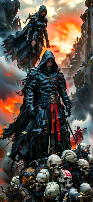 A dark fantasy masterpiece: A hooded monk-warrior, Death, stands atop a hill of human skulls and otherworldly creatures against an ominous mountain backdrop at sunset. The figure's leather-adorned robe, gray cloak, and black gloves contrast with the vibrant color palette, evoking Boris Vallejo's style. Framed by the setting sun, the character exudes power and mystery.,adamcnbldg style