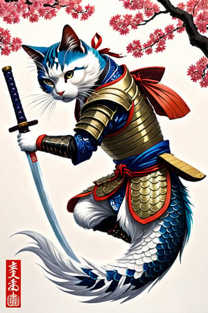 A majestic samurai cat, donning koi-armor and wielding a sword on a pristine white background. The whiskered warrior's piercing gaze is fixed intently upon the delicate fish, its scales glistening in the soft, serene light. Intricate armor plating adorns the feline form, evoking the refined artistry of Kanō Tan'yū and Utagawa Kuniyoshi. Delicately colored hues dance across the composition, as if infused with the gentle wisps of Japanese clouds.,ukiyo_e,japanese,Japanese style rooms, A Traditional Japanese Art