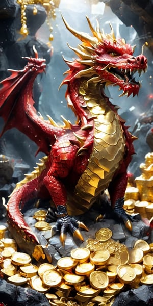 Red and black dragon, standing on a pile of gold coins and treasure in a cave, Dragon,