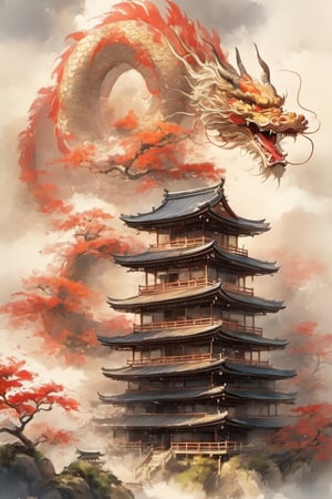 japanese art, old japan bulding, high_resolution, high detail, ,dragon-themed
