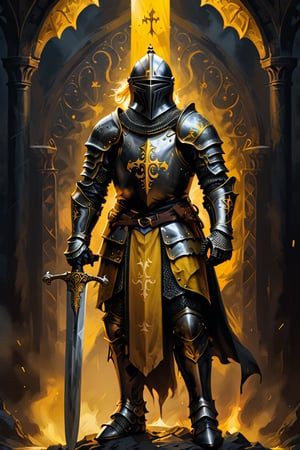 A captivating and detailed illustration of a medieval knight, clad in black and yellow armor, standing proudly with his massive sword held vertically before him. The banner "DEUS VULT" is firmly planted beneath his feet, symbolizing his unwavering devotion and purpose. This stunning artwork exudes historical authenticity, showcasing the essence of warriors, medieval themes, and the legendary aura of knights and their mottos. The vibrant color palette of black, yellow, and gold creates a dark fantasy atmosphere that would be perfect for discussions, posters, paintings, or conceptual art projects. The image's rich details and dynamic composition 