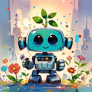 A cute Robot, reminiscent of WALL-E from the cartoon of the same name, is in the center of the frame, holding out a small flower as a sign of friendship and care. large, expressive eyes look at the flower with tenderness and curiosity, reflecting its childish naivety and kindness. Around the robot, a small green sprout in his hand symbolizes hope for a better future. Its metal body, slightly scratched and worn by time, adds touchingness to the image. The background of the cartoon is made in soft, muted colors, emphasizing the warmth and light emanating from this simple gesture.