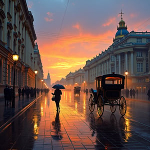 Rain-kissed Saint Petersburg, 18th century autumn. A gradient sunset sky weeps over rain-soaked cobblestone streets, ornate carriages glide through mist as a solitary figure under an umbrella navigates the wet pavement. Puddles reflect the fading light, casting ripples of color. Elegant architecture rises like a canvas of ornate details, set against the atmospheric essence of the period. Pointillism techniques weave impressionist textures, capturing the city's essence in this op-art style masterpiece.