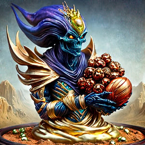 DonM3l3m3nt4lXL, a close up of a statue of an alien, official splash art, an undead desert lich pharaoh, rot, colors with gold and dark blue, keyframe illustration, phantom list, insane face, hextech, scarab, skullish