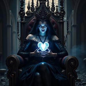 A majestic woman sits upon a throne, her slender fingers cradling a glowing heart as dark shadows dance across her figure. The intricate black crown on her brow is adorned with mystical patterns, casting an aura of foreboding. Gothic spires loom behind her, merging the realms of fantasy and despair. Heart machines hum to life beside her, their pulsing lights illuminating her sapphire-encrusted tiara. With an enigmatic presence, she embodies an evil princess from a desolate wasteland, exuding haunting beauty in this official art print.