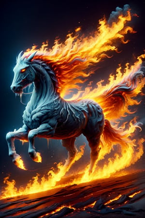 A majestic battlehorse gallops through a fiery inferno, flames engulfing its mane and tail as it rears up on hind legs, nostrils flared and ears laid back, amidst a backdrop of scorched earth and charred trees, the warmth of the blaze illuminating its muscular physique.,Headless Horseman,Mustang,faize,ElementFire