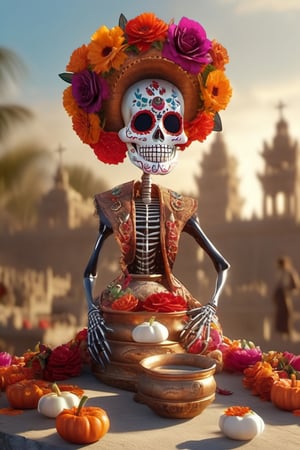 Masterpiece, headquarters, cgi, Day of the Holy Death (Día de los Muertos) is a holiday celebrated in Mexico , in the style of Boris Vallejo,(hyperrealism:1.4),HDR,(ocatan render:1.2),3D image,photorealism,natural lighting,realistic shadows
