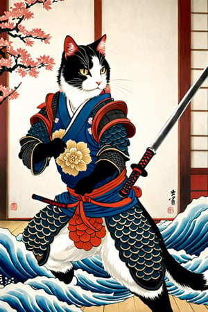 A majestic samurai cat, donning koi-armor and wielding a sword on a pristine white background. The whiskered warrior's piercing gaze is fixed intently upon the delicate fish, its scales glistening in the soft, serene light. Intricate armor plating adorns the feline form, evoking the refined artistry of Kanō Tan'yū and Utagawa Kuniyoshi. Delicately colored hues dance across the composition, as if infused with the gentle wisps of Japanese clouds.,ukiyo_e,japanese,Japanese style rooms, A Traditional Japanese Art