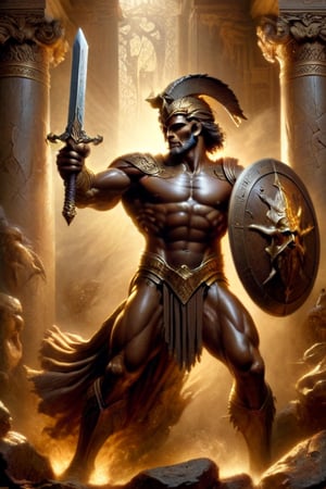 Magnificent Perseus, legendary hero of ancient Greece, stands poised with sword and shield, his chiseled features illuminated by warm golden light, as a rich, velvety chocolate figure begins to melt beneath him. The camera captures the scene in stunning high-definition, with meticulous attention to detail and compositional harmony. In the style of Boris Vallejo, the image exudes mythological grandeur, inviting the viewer to step into an realm of wonder and enchantment.