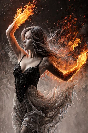 Beautiful female, made with black on white smoky layers, floating embers,  surrealism,faize