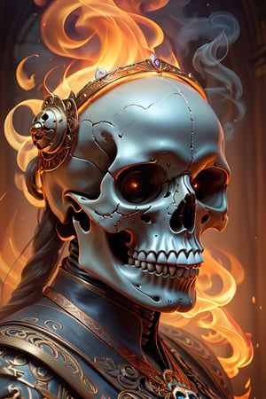 The dancing skull. the skull is made from smoke and fire. portrait, warrior, fantasy, intricate, elegant, highly detailed, digital painting, artstation, concept art, smooth, sharp focus, illustration, art by artgerm and greg rutkowski and alphonse mucha
