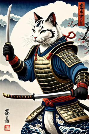 A majestic samurai cat, donning koi-armor and wielding a sword on a pristine white background. The whiskered warrior's piercing gaze is fixed intently upon the delicate fish, its scales glistening in the soft, serene light. Intricate armor plating adorns the feline form, evoking the refined artistry of Kanō Tan'yū and Utagawa Kuniyoshi. Delicately colored hues dance across the composition, as if infused with the gentle wisps of Japanese clouds.,ukiyo_e,japanese,Japanese style rooms, A Traditional Japanese Art