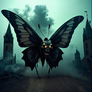 A photo of a scary butterfly monster with a death's head skull design and elongated fangs glistening. The monster has oversized shadowy wings. The background is a desolate post-apocalyptic landscape with eerie mist swirling and gothic architecture ruins. The overall image has a supernatural glow, hauntingly beautiful textures, and intricate patterns on the wings. The ominous ambiance envelops every corner.