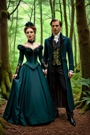 In the style of dark fantasy art, an elegant couple stands amidst a mysterious forest. Victorian style clothing, The mistress exudes an aura of cunning, embodying the essence of the seven sins, while her male servant gazes onward with unwavering loyalty. Rendered with intricate detail, the scene captures a conniving ambiance, inspired by the art of Eric Parker.