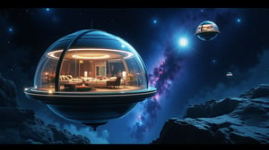 
Photo film from the 2000s of a spherical hotel in orbit called "Cosmic Retreat". The hotel has transparent walls, showcasing a starry vista of the cosmos. Inside, there are serene cabins with anti-gravity beds floating. There's a lush zero-gravity garden with bioluminescent plants. There are flowing display screens mapping the cosmos and panoramic observation decks for meteor showers. There's a futuristic cafe with a unique "space menu". The hotel uses eco-friendly technology to recycle water and air. There are immersive virtual tours to distant planets. Less

