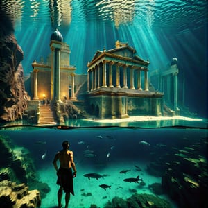 A fantastic underwater scene that could be interpreted as the mythical city of Atlantis. In the foreground, the silhouette of a person standing on a sunken platform or land is visible, looking at the surrounding landscape. Around this figure are ruins and classical architecture, partially submerged in water, with columns, arches, and staircases leading nowhere. Above these ruins, a large structure rises, resembling a cathedral or palace with steeples and large windows emitting a soft glow that illuminates the surrounding water. Light penetrates the water from above, suggesting the presence of an opening on the surface far above. Around this underwater cityscape, fish of various sizes swim. This image is interesting because it conveys the grandeur and mystery associated with Atlantis - the legendary island mentioned in the works of Plato, which is said to have sunk in the ocean.
