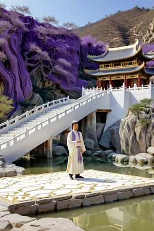 Gilding, a man in hanfu is standing near a white manmade structure perspective, oriental zen, in the style of fluid landscapes, Song Dynasty fine brushwork landscape painting, rendered in Cinema4D, organic flowing forms, northern China’s terrain, light purple and white, Mediterranean landscapes, ultra-wide angle, wavy resin sheets


