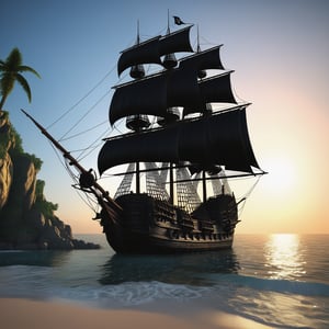 ((Pirate ship "Black Pearl")) from "Pirates of the Caribbean", standing near the shore, in the style of Claude Lorrain, trending on artstation, hyper realistic, extreme detail, cinematic, epic Lighting, award winning concept art, rendered in Octane, 32K,dragonyear,leviathandef,DonMW15p,firefliesfireflies,Sylvain_Sarrailh_style_lora_by_niolas