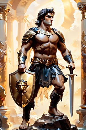 Magnificent Perseus, legendary hero of ancient Greece, stands poised with sword and shield, his chiseled features illuminated by warm golden light, as a rich, velvety chocolate figure begins to melt beneath him. The camera captures the scene in stunning high-definition, with meticulous attention to detail and compositional harmony. In the style of Boris Vallejo, the image exudes mythological grandeur, inviting the viewer to step into an realm of wonder and enchantment.