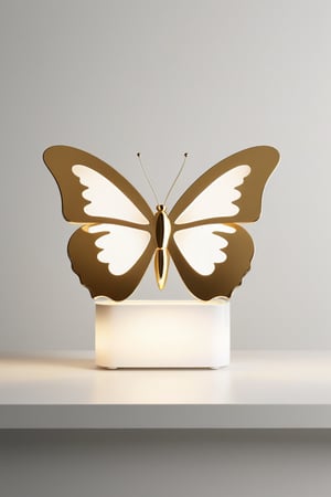 Render the iconic butterfly-shaped product in 3D, inspired by the minimalist elegance of Yves Saint Laurent's Peasant style and the functional simplicity of Dieter Rams' design philosophy. The metal body features a light golden chrome finish with intricate white acrylic details. Set against a clean, neutral background, the product is illuminated by studio lighting that accentuates its curves and textures.
