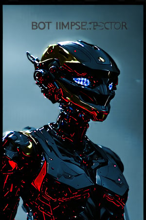 A stylized robotic figure with a dual-colored helmet, predominantly black and gold. The helmet has a sleek design with sharp edges and glowing blue eyes. The robot's chest and shoulder area are also colored in red, with intricate mechanical details visible. The background is dark, emphasizing the robot's vibrant colors. The word 'BOT INSPECTOR' is prominently displayed below the robot, suggesting its name or the title of a game or project.