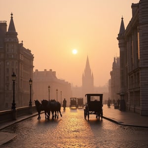 A sepia-toned dawn breaks over London Bridge's ancient stones as Victorian-era elegance unfolds. Horse-drawn carriages glide smoothly along cobblestone streets, while the morning sun ascends behind a gradient sky of gentle oranges and pinks. Foggy mist veils the city's intricate architecture, softened by wet watercolor hues that evoke a sense of history and nostalgia.