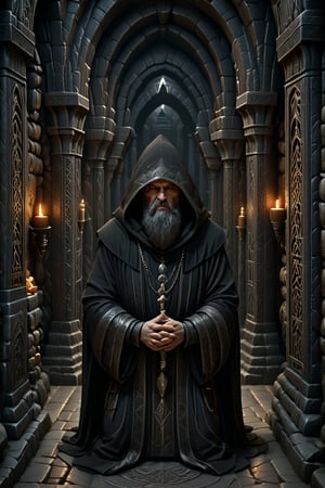 A haunting Edward Gorey-inspired illustration: a hooded black-robed monk kneels before an ancient marble altar, hands clasped in fervent prayer. Dim candlelight casts eerie shadows on worn stone floor, inviting depth and intrigue. The partially obscured monk's face conveys contemplation and spirituality. In the darkness, mystical typography weaves a spell, beckoning viewers to enter the enigmatic world of the black-robed monk, where secrets and mysteries lurk in every crevice, much like the hidden realms of Dwarves in dark fantasy lore.