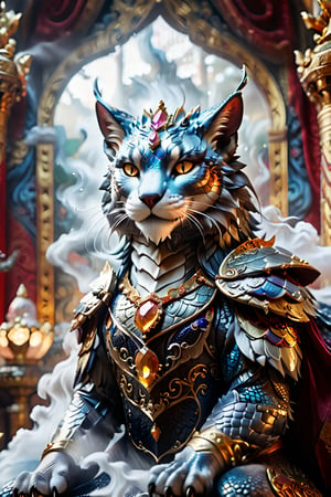 A surreal double exposure shot: A majestic dragon's head rises from a swirling mist, its scales glistening like polished gemstones. In the foreground, a regal cat monarch sits atop a throne, surrounded by ornate jewels and tapestries. The camera captures both subjects in crisp focus, with subtle depth cues guiding the viewer's eye. The 8K resolution renders every whisker, scale, and fiber with hyper-realistic precision, as if the scene is unfolding before us.