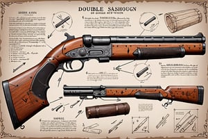 board with a detailed assembly instruction of a double barrel sawn off shotgun, written descriptions, arrows and sketches