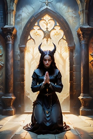 A captivating conceptual illustration of a young woman in monastic attire, kneeling in a devout prayer pose with her hands folded, set against the backdrop of a dimly lit room in a gothic castle. The room's atmosphere is further enhanced by the presence of a sinister-looking devil lurking in the shadows. This striking image, rendered in the style of Odd Nerdrum, evokes a dark fantasy theme with vibrant colors and intricate details. The composition is reminiscent of a cinematic poster or a fine art painting, showcasing the power of dark fantasy and conceptual art., illustration, conceptual art, wildlife photography, photo, painting, vibrant, poster, dark fantasy, cinematic, 3d render