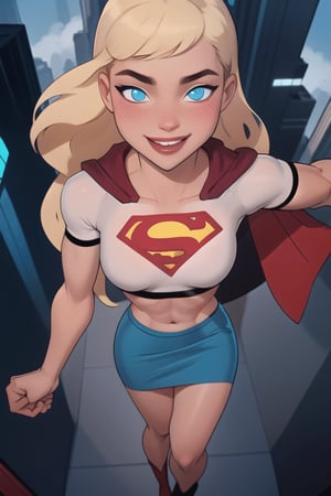 blonde, blue eyes, skyscrapers, ((flying in the sky)), cape, white crop top, blue miniskirt, ((sexy)), smile, blush, Supergirl  