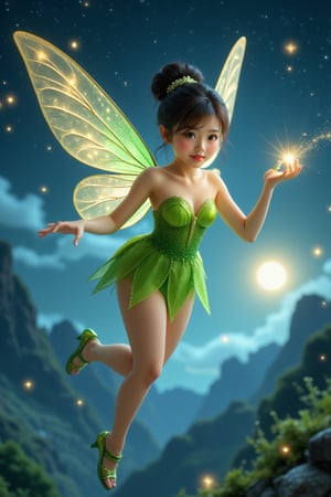 This is a realistic image of Tinkerbell, an Asian girl with an elegant updo, flying gracefully through the night sky. She holds a sparkling magic wand that emits light as she glides through the air. Her delicate wings shine in the moonlight, and the sky is filled with shining stars and magical sparkles. Cinematic lighting, HD quality, fantasy realism