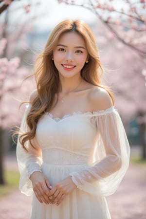 A beautiful Korean woman with long flowing blonde hair, smiling, detailed skin texture, standing full-body in a scene with cherry blossom petals blowing in the wind, her hair also swaying with the breeze. The background features delicate cherry blossoms, adding a gentle and serene atmosphere