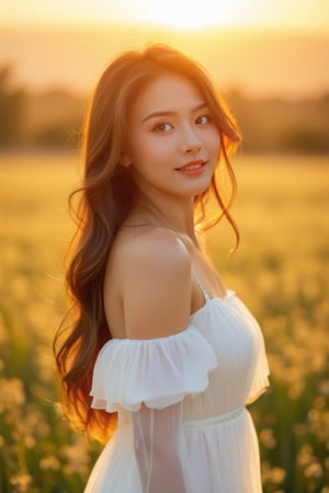 A beautiful and sensually attractive lady with long, flowing chestnut hair, standing in a sunlit meadow during the golden hour. She is wearing a flowing, off-the-shoulder white dress that gently hugs her figure, with the soft fabric fluttering in the breeze. The warm, golden light bathes her in a soft glow, highlighting her radiant skin and creating a dreamy, ethereal atmosphere. Her expression is serene and inviting, with a slight smile as she gazes into the distance.,FuturEvoLabElegant