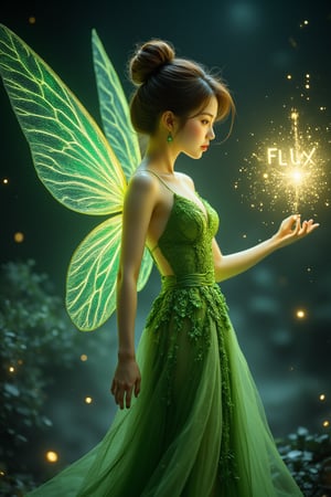 Realistic Asian Tinkerbell with elegant updo hair and green lace outfit. (She gracefully waves her glowing magic wand, forming the sparkling word "FLUX" in gold letters. Her delicate wings shine in the moonlight, and behind her lies a cloud of fairy dust). The night sky is full of stars, creating a fantastic atmosphere. movie lighting,