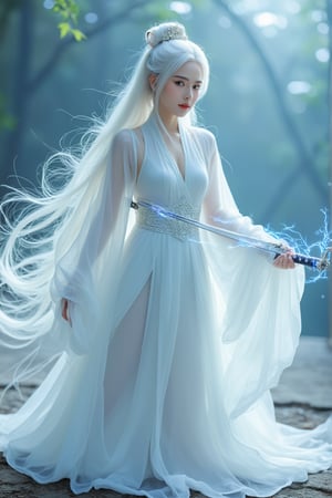 A majestic young female swordsman stands poised in a stunning high-resolution masterpiece, her striking features illuminated by soft, ethereal lighting. Her porcelain-doll face shines with confidence as she wears a flowing white traditional Chinese outfit, adorned with a elegant headdress and vibrant white hair that flows behind her like a river of silk. The sword in her hand crackles with blue electricity, its power coursing through her veins. Against the backdrop of a fantastical landscape, her entire figure appears larger-than-life at 1.3 scale, exuding strength, femininity, and beauty.