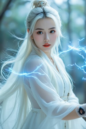 A majestic young female swordsman stands poised in a stunning high-resolution masterpiece, her striking features illuminated by soft, ethereal lighting. Her porcelain-doll face shines with confidence as she wears a flowing white traditional Chinese outfit, adorned with a elegant headdress and vibrant white hair that flows behind her like a river of silk. The sword in her hand crackles with blue electricity, its power coursing through her veins. Against the backdrop of a fantastical landscape, her entire figure appears larger-than-life at 1.3 scale, exuding strength, femininity, and beauty.